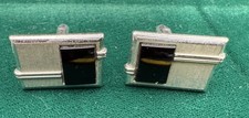 VTG MCM Swank Faux Onyx Brushed Finish White Gold Plated Cuff Links C1346