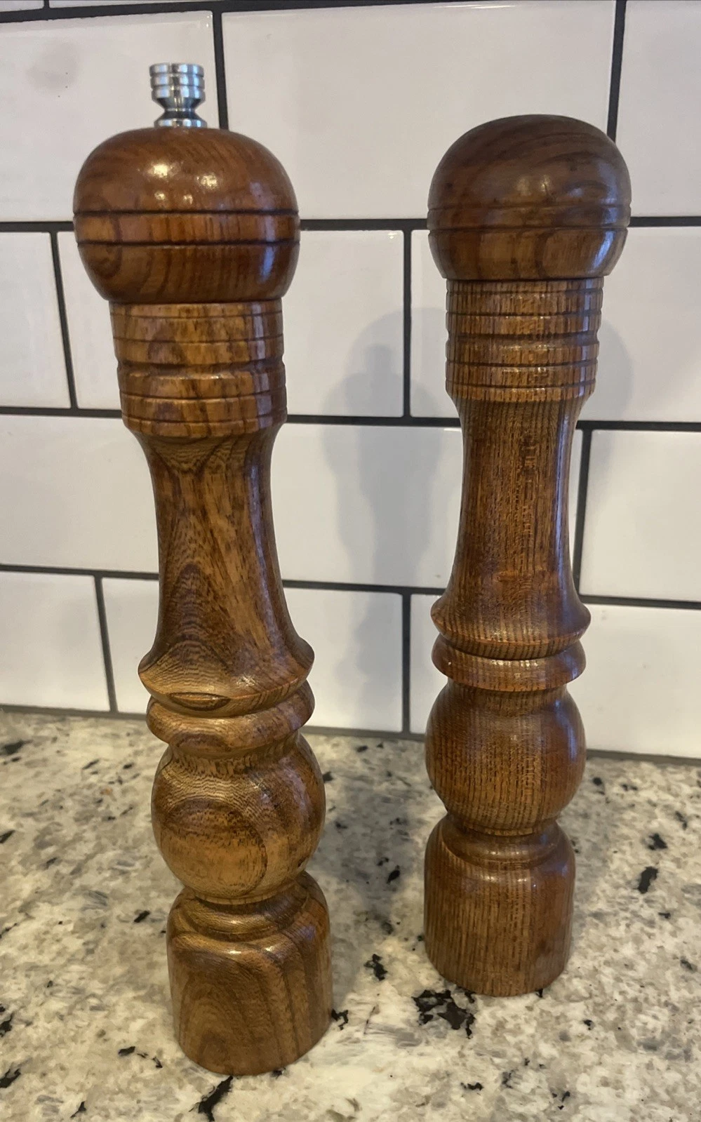 Vintage 10” Tall SET of Wood SALT SHAKER & PEPPER MILL GRINDER Japan Made EUC