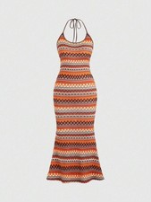 Ladies Geometric Print Halter Neck Tie Maxi Dress