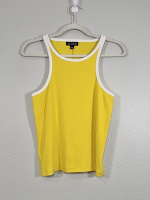 J. Crew Vintage Ribbed High Neck Crop Tank Top Shirt Yellow White Trim Women Med
