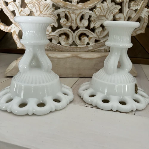 Vintage Westmoreland White Milk Glass Doric Lace Pair Candlestick Candle Holders