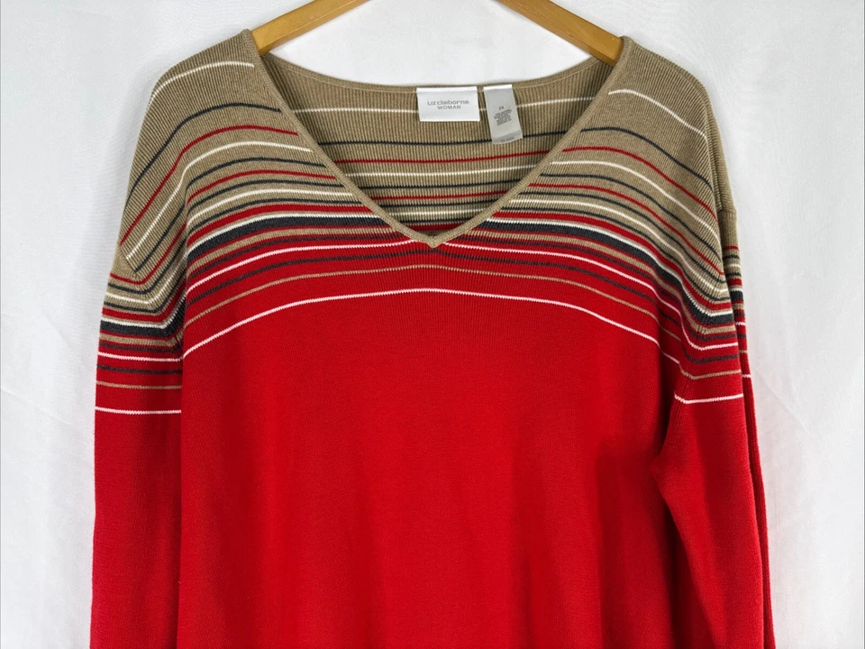 Suéter Pullover Liz Claiborne Mujer Talla Grande 2X Rayas Rojas Vacaciones Navidad Foto 2 de 4