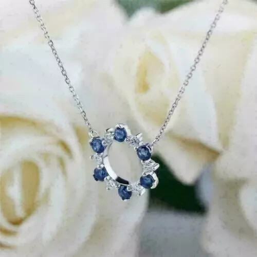 2Ct Round Cut Blue Sapphire & Diamond Pendant 14K White Gold Finish Free Chain - Picture 3 of 4