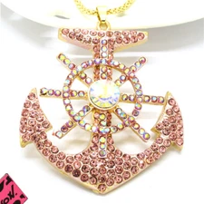 Hot Fashion Women Pink Bling Pirate Ship Rudder Crystal Pendant Chain Necklace