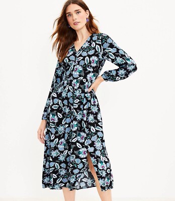 Loft Women's Blue Black Floral Dress Size 2 V Neck Career Evening Out Work