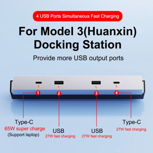 For Tesla Model 3 Highland 2024 Docking Station 65W Fast Charging 4 USB Port HUB - Picture 2 of 7