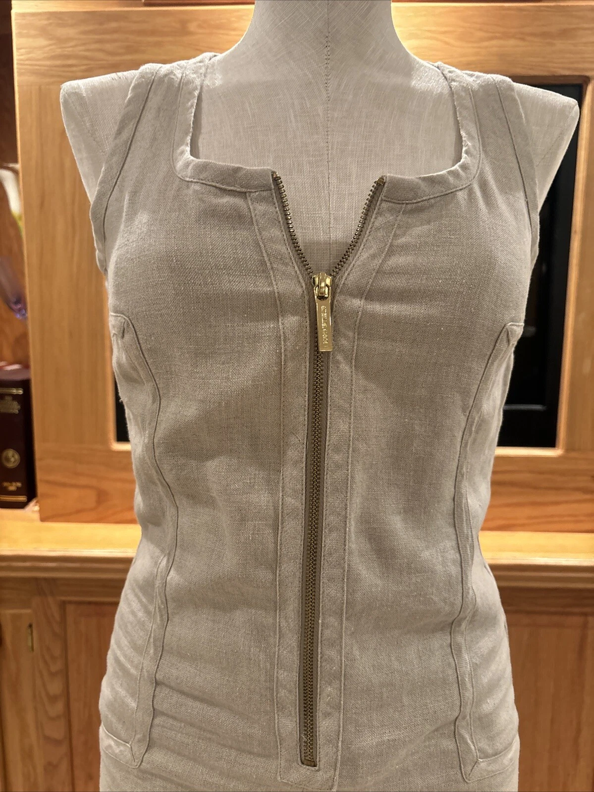 Abito Michael Kors foderato in lino naturale senza maniche aderente con cerniera davanti taglia 0