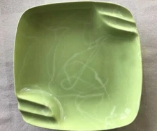 Mid Century Modern USA Art Pottery Ashtray Apple Green Swirl Glaze