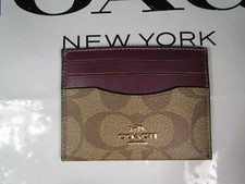 NWT Coach Signature Slim ID Card Case CH415 Khaki / Deep Berry