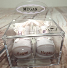 Russ Berrie Porcelain Baby Girl Names Booties Ornament "Megan" Birth Info Card