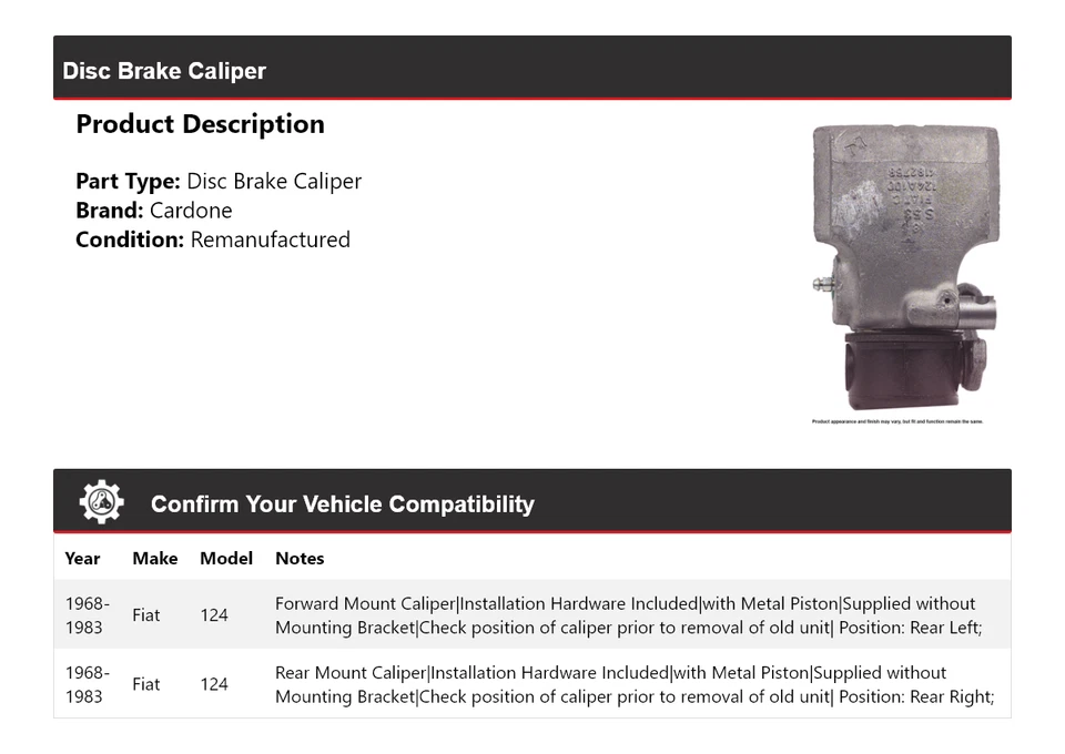 For 1968-1983 Fiat 124 Disc Brake Caliper Cardone 1969 1970 1971 1972 1973 1974 - Image 2 of 4
