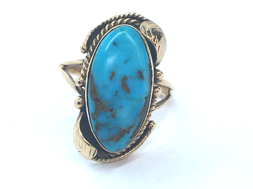 Anillo nativo americano turquesa oro amarillo liso 14k 4,9 g talla 7 - Imagen 8 de 8
