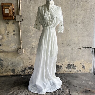 Antique Edwardian Green Embroidered Clover Maxi Tea Dress White Cotton  Vintage