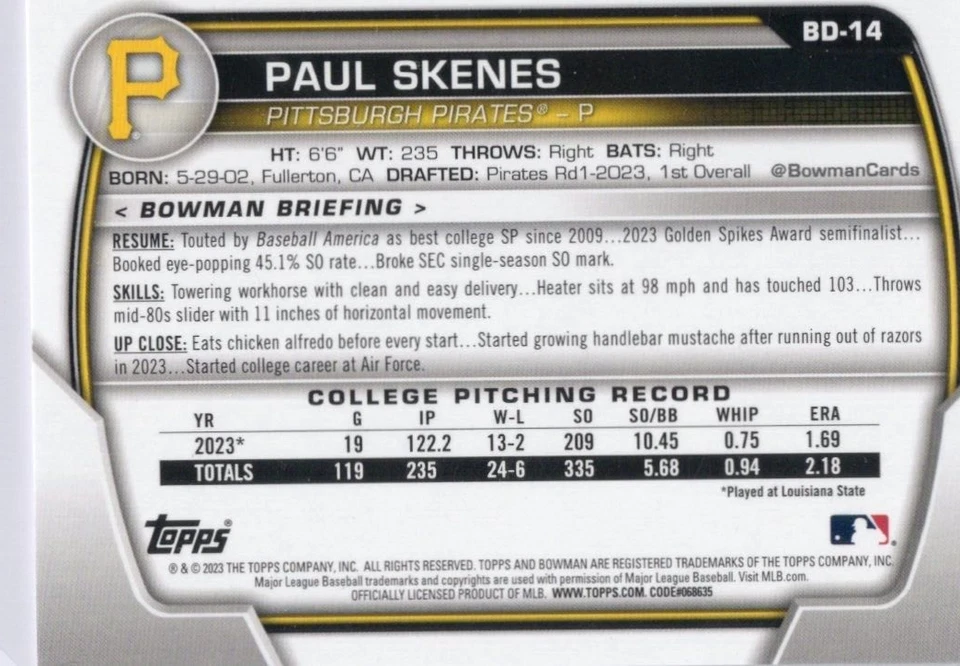 Paul Skenes 2023 1st Bowman Draft #BD-14 Pittsburgh Pirates Rookie Card - Image 2 of 2