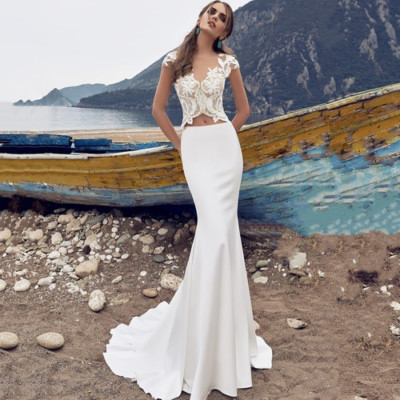 Sexy2PC Mermaid Wedding Dress 2022 Lace Appliques Sleeveless V Neck Sweep Train 