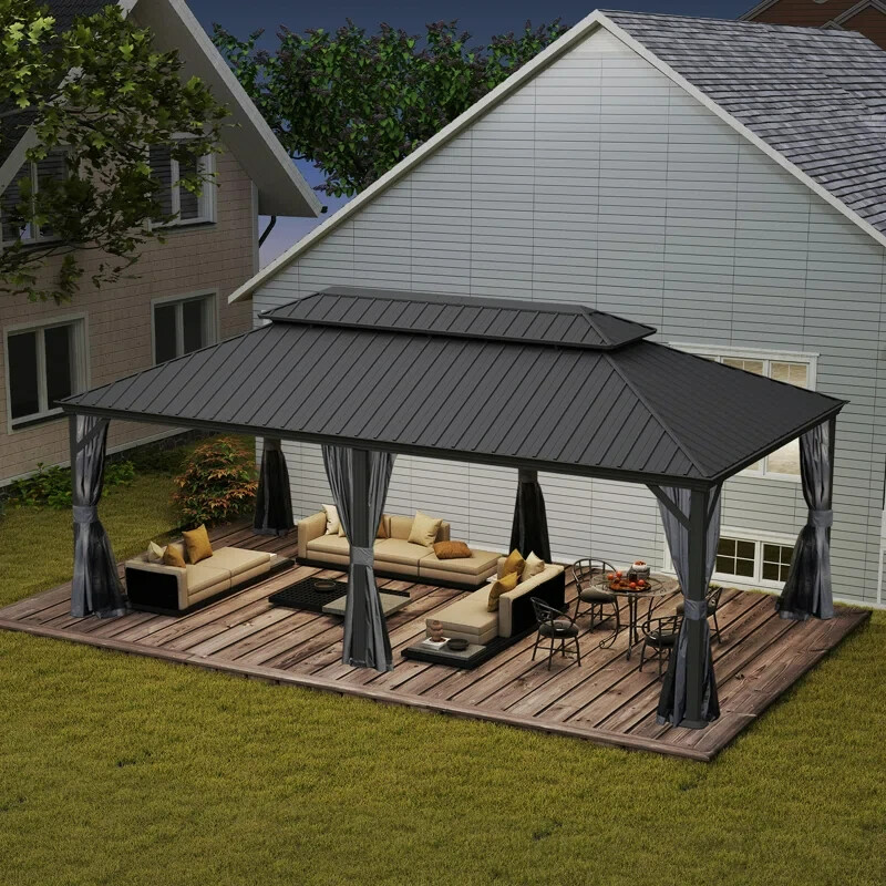 Domi 14x24Ft Hardtop Gazebo Double Roof w/Curtain&Netting,Built-in gutter system