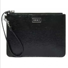 DKNY GIGI Wristlet Black Cross-Hatch Leather Black Silver