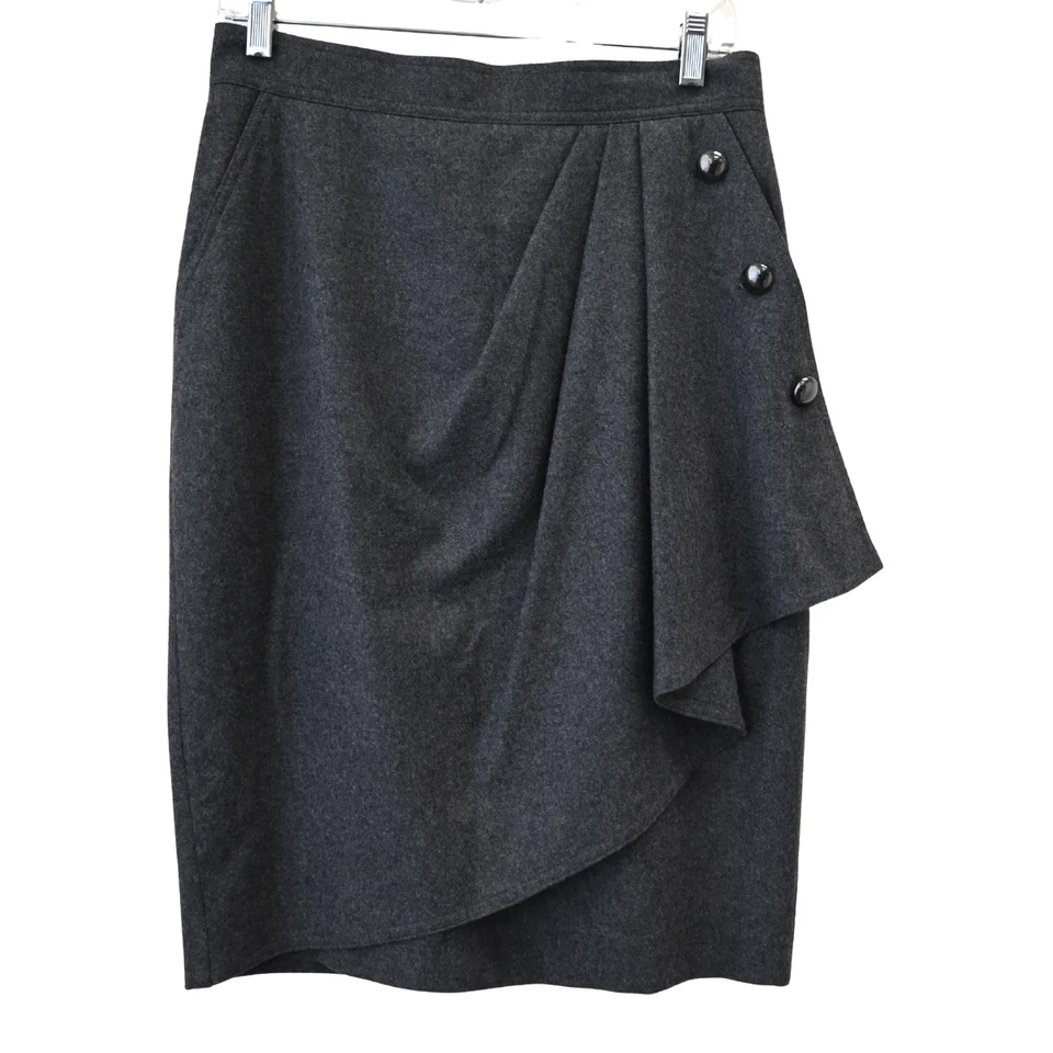 Max Mara Pencil Skirt Size 10 Gray Buttons Ruffle Front Wool Knee Length Office
