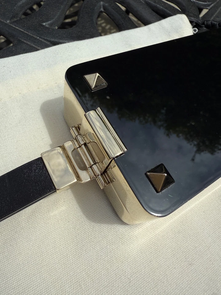 RARE VALENTINO GARAVANI MINI BLACK BOX CLUTCH W/ GOLD ROCKSTUDS & LEATHER STRAP - Image 4 of 4