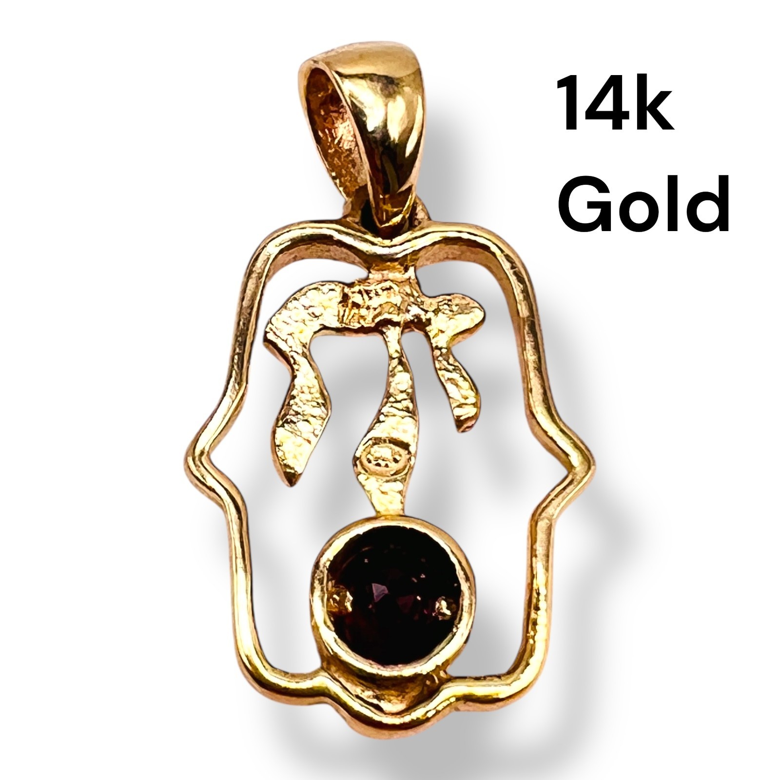 Solid 14k Yellow Gold Ruby Hamsa Chai  Pendant Ch… - image 8