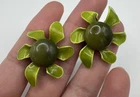 Vintage Green Enamel Clip On Flower Earrings Retro Costume Jewelry