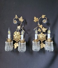 Vintage Italian Pair wall lights Wall sconces Metal  Crystal Gold Color 2 Arms