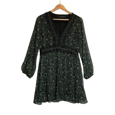 Zara Basics Floral Mini Dress Studded Trim Long Balloon Sleeve Dark Ditsy Boho