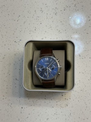 Fossil Men's Chronograph Quartz Blue Dial Brown Leather Strap 43mm - With Box
