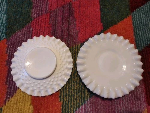 Set Of 2 Vintage Fenton White Milk Glass Hobnail Ruffled  6" Saucers Plates