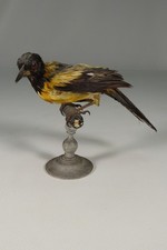 ANCIEN PETIT OISEAU NATURALISE SUR PIED EN BOIS TOURNE EPOQUE NAPOLEON III