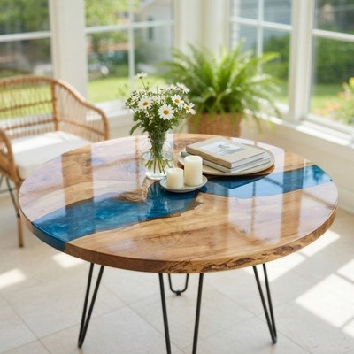 Live Edge Wood & Blue Ocean Epoxy River Table Top   Luxury Resin Dining table
