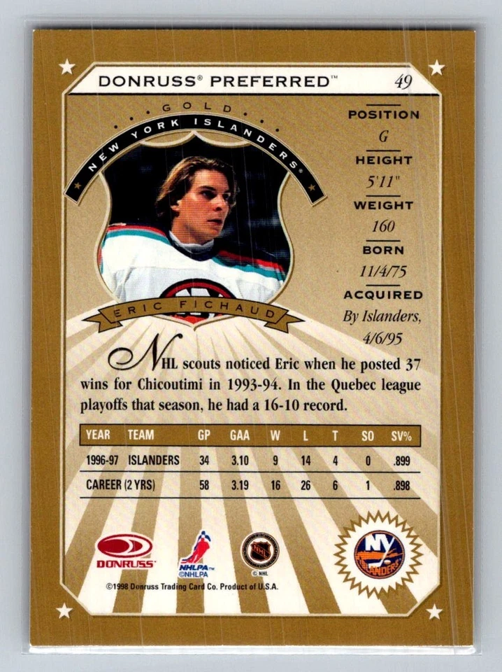 1997-98 Donruss Preferred Gold Eric Fichaud #49 - Image 2 of 2