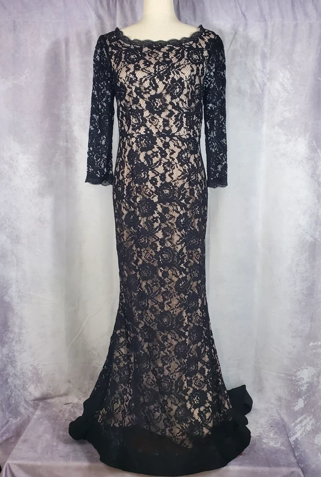 VENUS COUTURE Mermaid Evening Gown w/ Fishtail NUDE w BLACK LACE OVERLAY 10 - Image 2 of 4