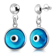 925 Sterling Silver Blue Evil Eye Protection Dangle Drop Earrings, 0.75"
