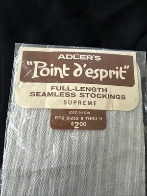 Point d Esprit Seamless Gray Stockings Size 9 - 11 Full Length Nylon Fish Net