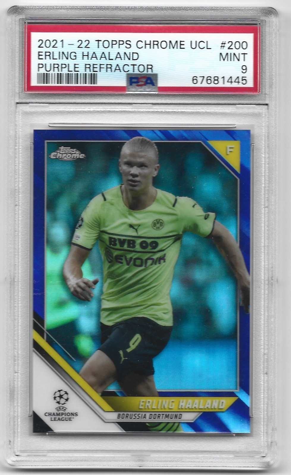 2021-22 Topps Chrome UCL Erling Haaland Purple Refractor 033/250 PSA 9