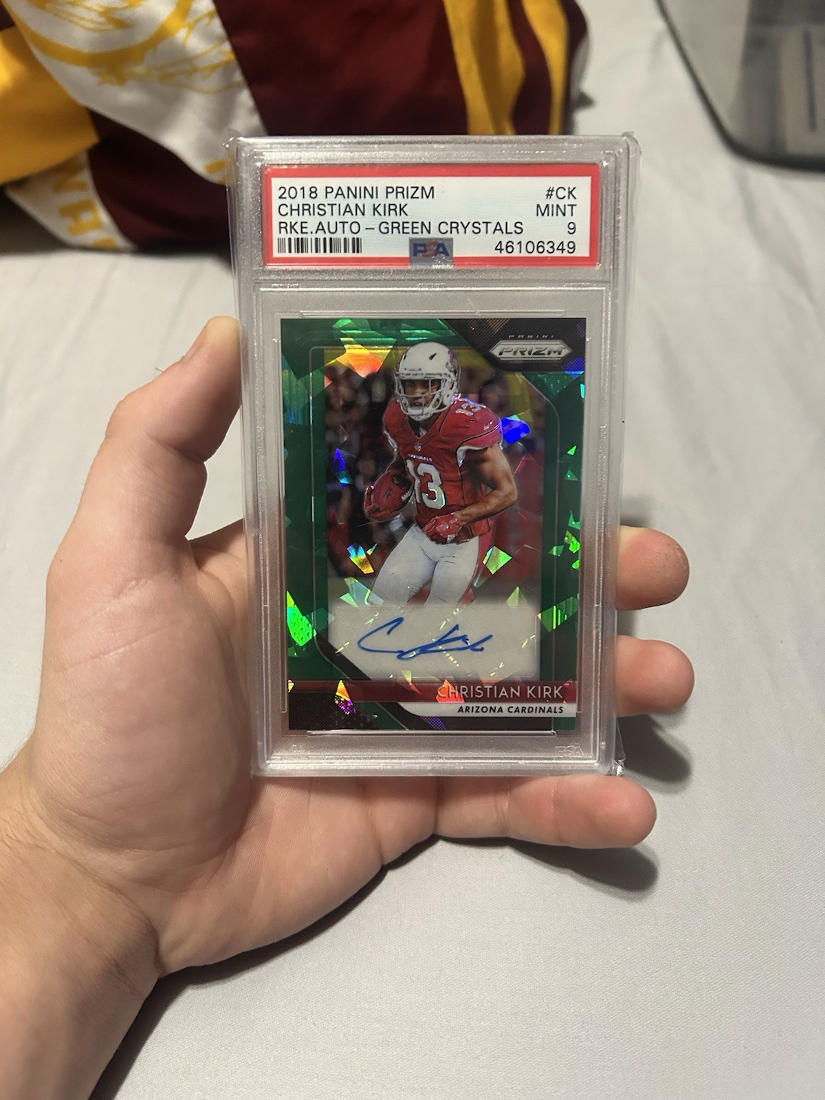 2018 Panini Prizm Christian Kirk Green Crystals Auto /15 Cardinals Rookie PSA 9