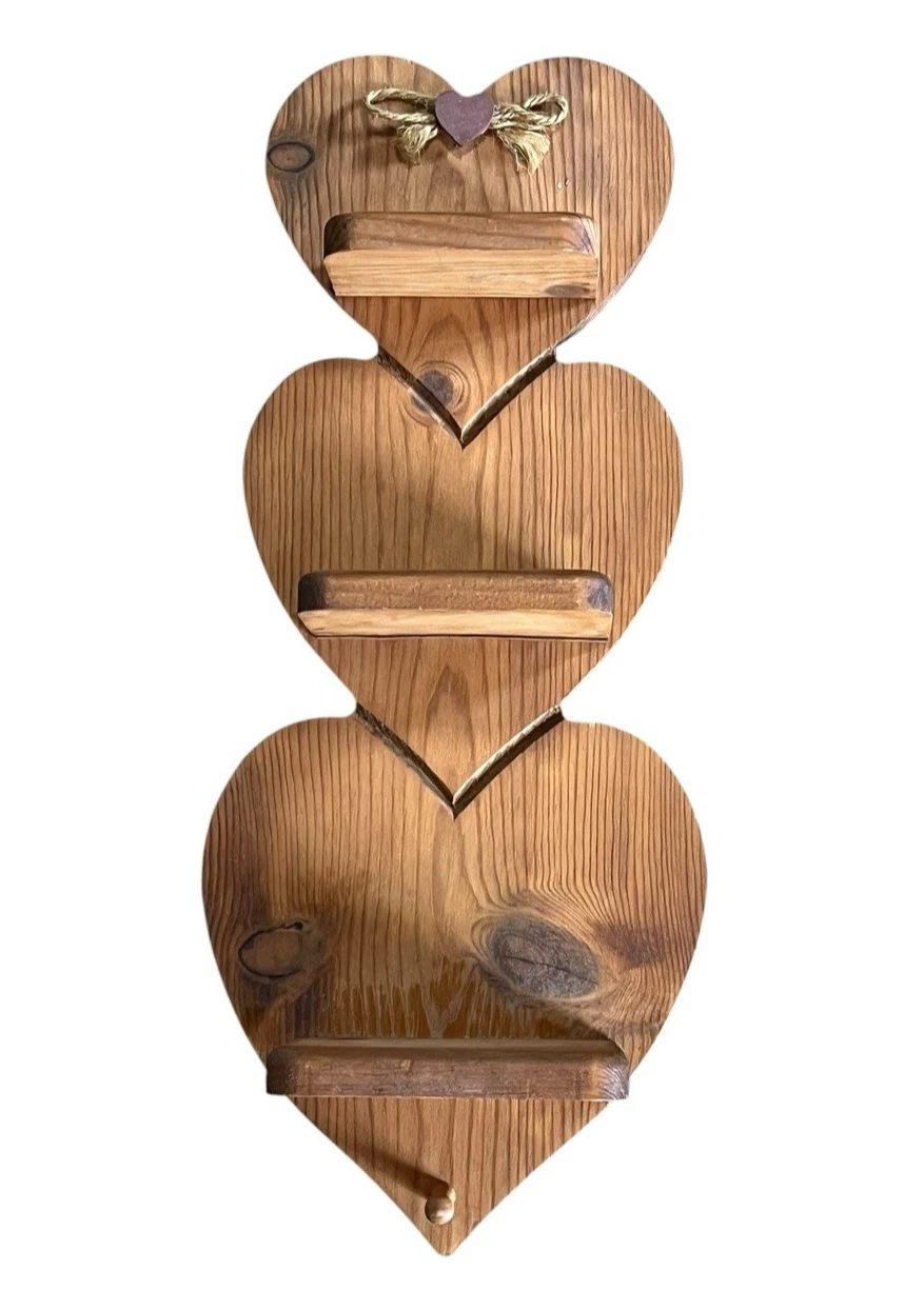 Vintage Wood Shelf Display Heart Cottage Decor Three Tiers With Peg Rustic