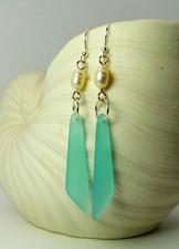 Light Aqua Cultured sea glass elongated earrings 2-1/4" L cultured pearl bead