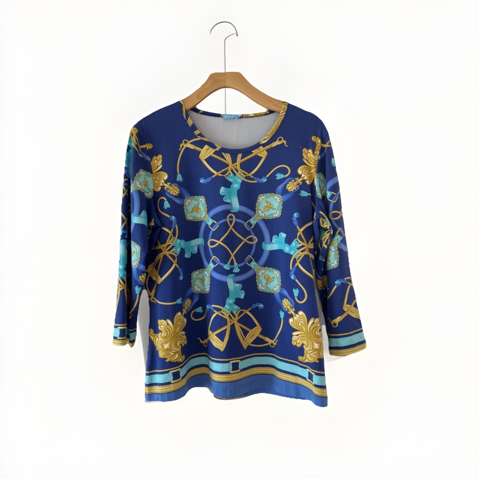 J.McLaughlin Catalina Cloth Top XL Blue Gold Equestrian Scarf Print 3/4 Sleeve