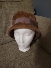 Vtg Cloche Genuine Imported Fur Hat Light Brown Ribbon Mystere