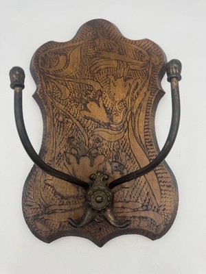 Antique Pyrography Wood Burned Wall Hook Folk Art Art Nouveau Tulip Hanging