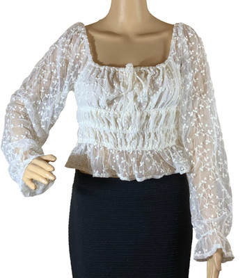 Japna Cream Lace Milkmaid Top Sz M Puff Sleeve Smocked Lace Crop Fairycore