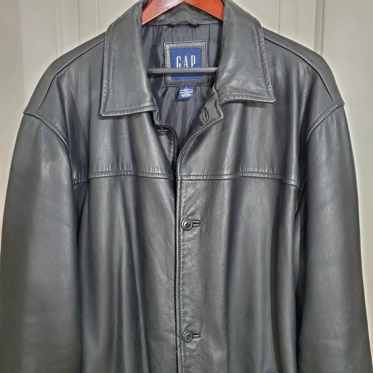 Vintage GAP Mens Leather Jacket Black Mid Length Button Front Car Coat LARGE EUC