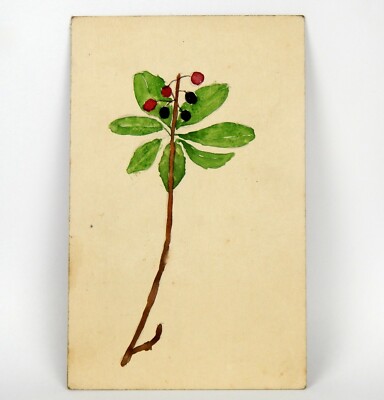Antikes viktorianisches Kinder Aquarell Gemälde naive botanische Pflanze Anstecknadel Kirschen