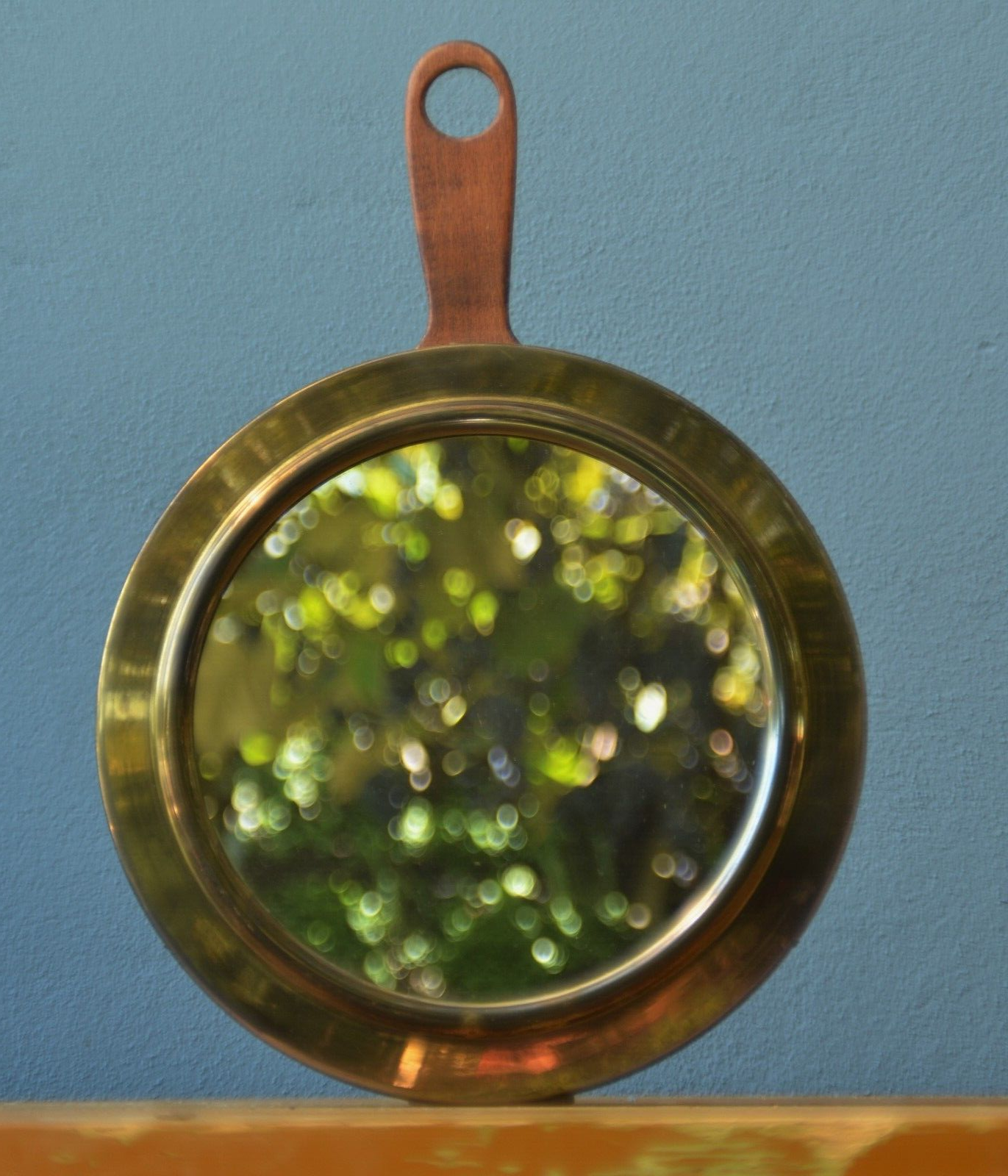 Mid Century Style Shaving Mirror on Brass Frame for Wall