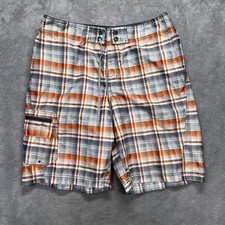 Columbia Board Shorts Mens 34 Orange Plaid Drawstring Pockets Swimsuit