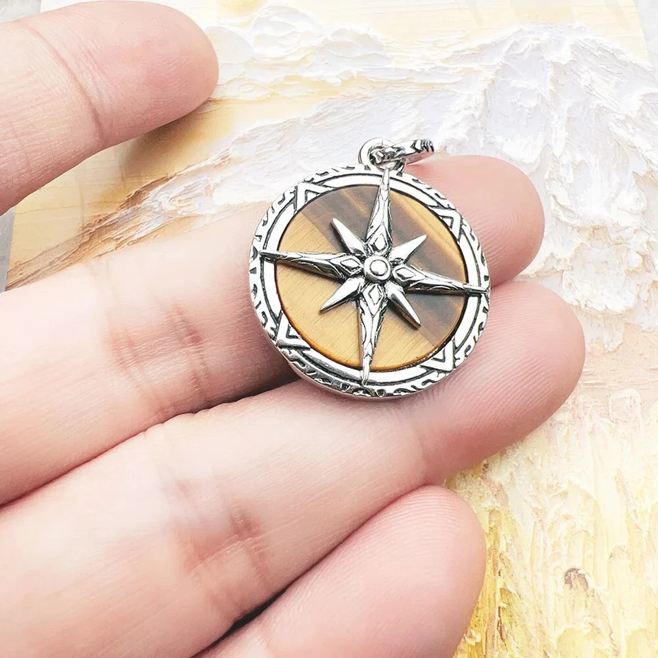 925纯银罗盘老虎眼吊坠小饰品北极星复古小饰品 — 第 3/4 张图片