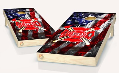 American Flag Fire Department Cornhole Board Vinyl Wrap Laminated Sticker Set De