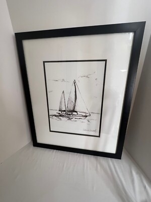 Original Signed Pencil Drawing Sailboat Sailing 27x22 Framed